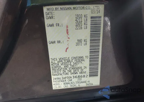 2014 Nissan Altima 2.5 S z USA, uszkodzony, nr VIN 1N4AL3AP3EN368682